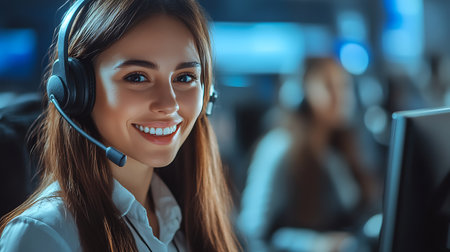 A smiling woman with long brown hair wears a headset and looks directly at the camera. She is...