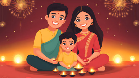 An Indian family of three, a mother, father, and son, are sitting together, holding lit diyas, against a background of fireworks and glowing lanterns. They are all smiling and enjoying the festival of lights.の写真素材
