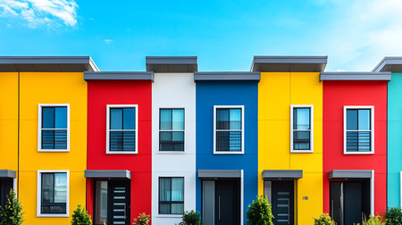 A row of colorful houses with black doors and windows, against a blue sky with white clouds.の写真素材