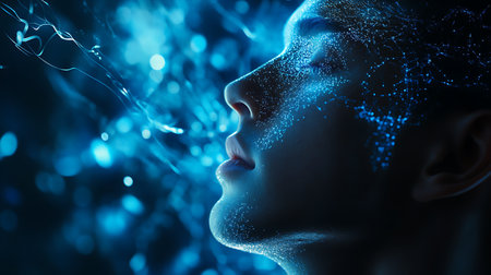 A close-up profile of a person's face, illuminated by a blue glow and surrounded by abstract blue lights.の写真素材