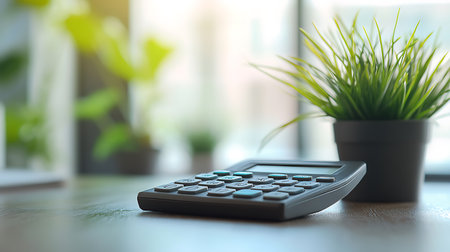 A calculator lies on a wooden desk with a potted plant behind it, the window and green plants outside are out of focus.の写真素材