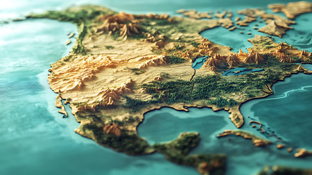 A detailed 3D rendering of North America, showcasing its diverse landscapes and geographic features.の写真素材