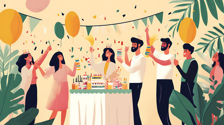 A group of people celebrating a birthday, holding up candles and confetti with a cake on a table in...