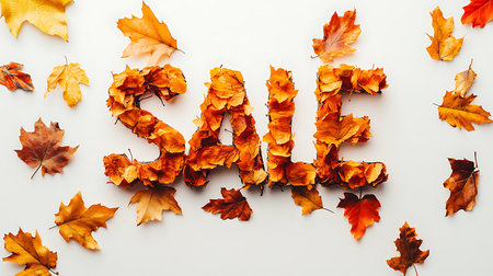 The word SALE is spelled out with fall leaves on a white background.