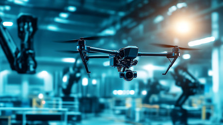 A black drone with four propellers and a camera is flying in a blue factory with blurred robotic arms in the background.の写真素材