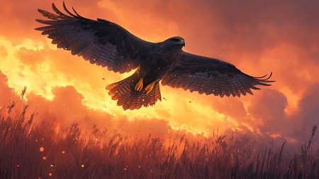 A majestic hawk with black feathers soars through the sky over a fiery sunset with tall grass below.の写真素材