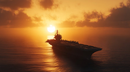 A silhouette of an aircraft carrier sailing on a calm sea at sunset. The golden light reflects off the water's surface.の写真素材