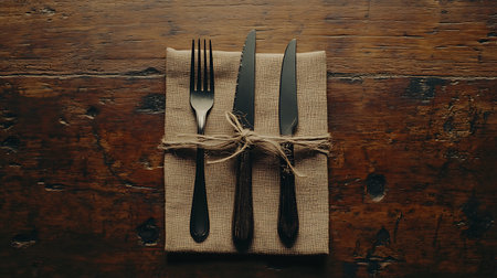 A fork and two knives tied together with twine on a burlap napkin, laid on a wooden table.
