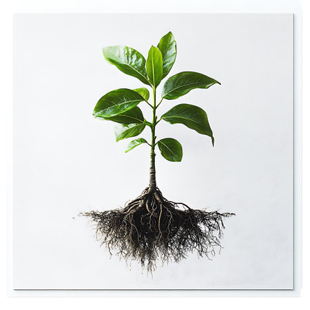 A small green plant with large leaves grows from the ground, showing its intricate root system.