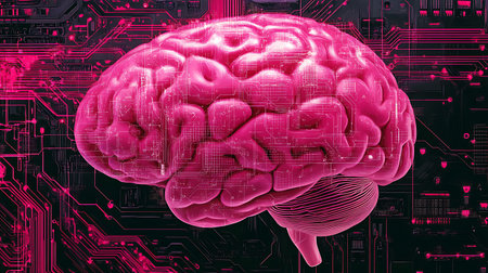 A pink brain model is placed on a circuit board, suggesting the connection between the human mind...
