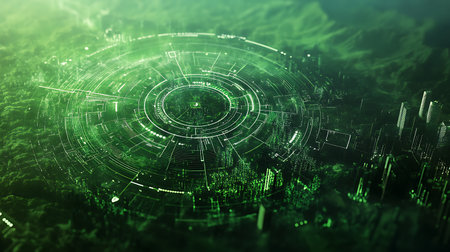 A glowing green circle of digital data sits above a blurred city skyline, suggesting a connection...