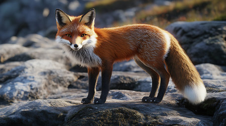 A red fox with a white tip on its tail stands on a rocky surface, looking directly at the camera.