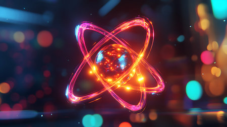 A glowing atomic symbol with a bright core, surrounded by a bokeh background of colorful dots.