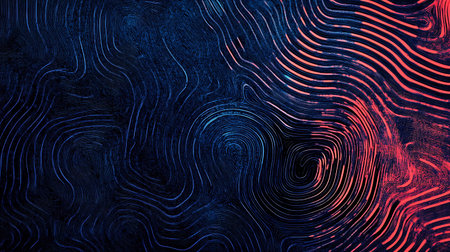 Abstract artwork with blue and red swirling patterns on black background.