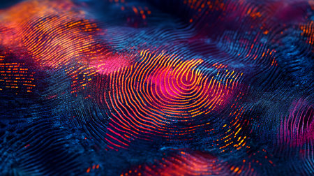 A close-up shot of a wavy surface with a glowing orange pattern. The surface is dark blue with a red...
