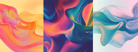 Abstract image with three sections, each with a different color scheme orange and pink, purple and...