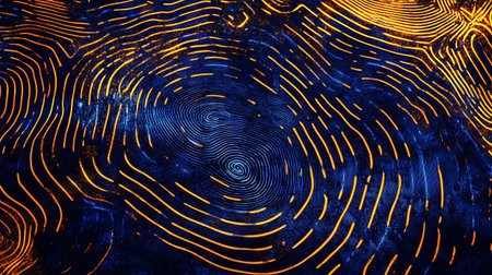 An abstract image featuring swirling patterns of gold lines on a dark blue background.の写真素材
