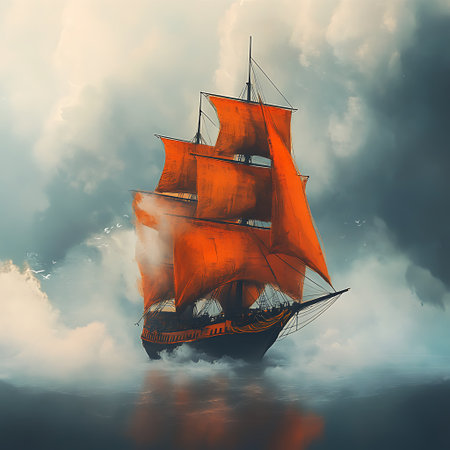 A majestic ship with bright orange sails cuts through the clouds on a tranquil ocean. The ship is...