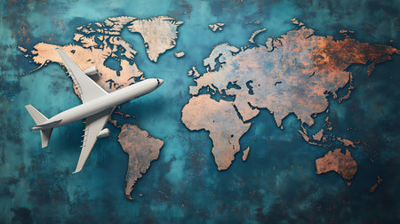 A white airplane model lies on a textured turquoise background with a world map printed on it. The...