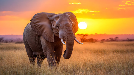 A lone elephant walks through tall grass as the sun sets behind it, casting a warm orange glow...