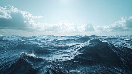A vast expanse of deep blue ocean with choppy waves and whitecaps under a clear sky with fluffy...