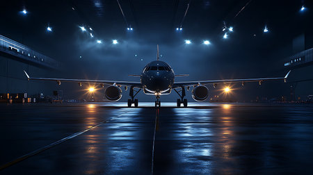 A commercial airplane sits on a runway at night, illuminated by bright spotlights. The reflection of...