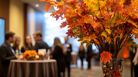 Autumn leaves in a vase with blurred people in the background at an indoor event.の写真素材