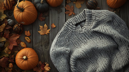 A grey knitted sweater with a pumpkin and fall leaves on a wooden table.