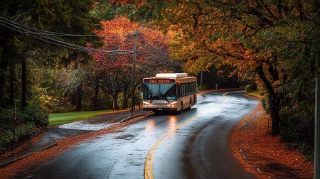 A bus drives along a winding road, surrounded by colorful fall foliage, the road is wet from recent...