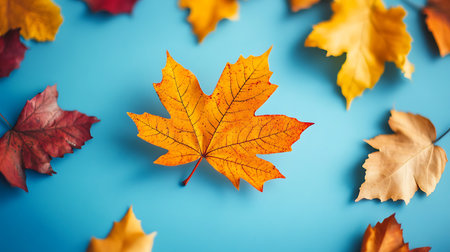 A vibrant orange maple leaf stands out against a backdrop of blue, with smaller autumn leaves scattered around it.の写真素材