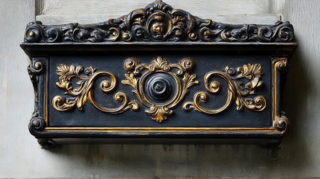 A black and gold ornate door knocker with intricate detailing.