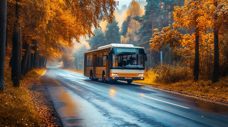 A lone bus drives down a wet asphalt road lined with trees in a vibrant autumnal forest. The trees are adorned with rich, golden foliage, casting a warm glow over the scene. The bus is traveling through a mist, giving the photo a sense of mystery and tranquility.の写真素材