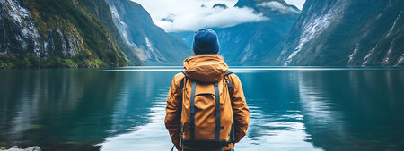 A lone hiker in a blue beanie and orange jacket stands facing a breathtaking fjord, mountains rising...