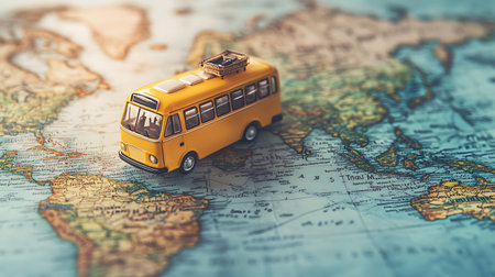 A yellow toy bus sits on a world map, suggesting travel and adventure.