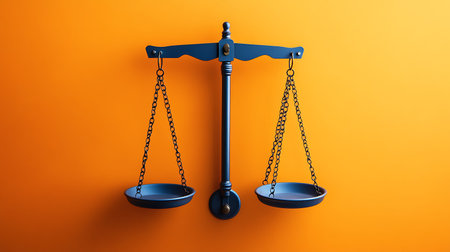 A blue scale hangs against an orange backdrop, symbolizing balance and justice.