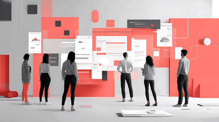 A group of five people stand in front of a wall covered in various white papers with geometric...
