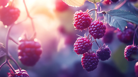 A close-up of ripe red raspberries hanging from a branch, bathed in warm sunlight.のeditorial素材