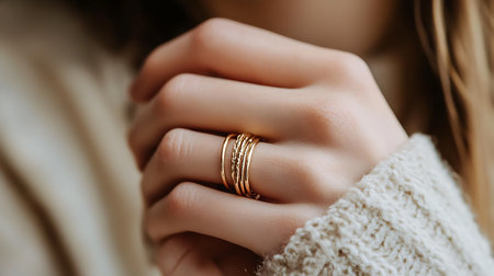 Close-up of a woman's hand wearing multiple delicate gold rings.のeditorial素材