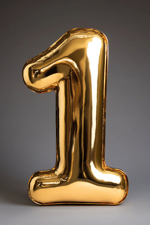A shiny gold balloon shaped like the number one, against a grey background.のeditorial素材