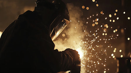 A welder in a dark setting working on metal, sparks flying from the welding torch.