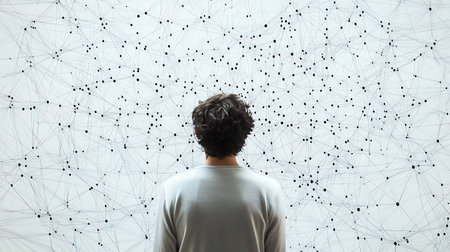 A person stands in front of a white wall with a black web pattern. They are looking at the web.のeditorial素材