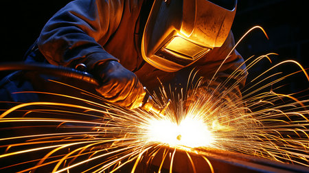 A welder wearing a protective mask works on a piece of metal. Sparks fly from the welding torch,...
