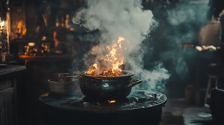 A large pot sits on a stovetop with flames underneath. The pot is filled with something and there is...