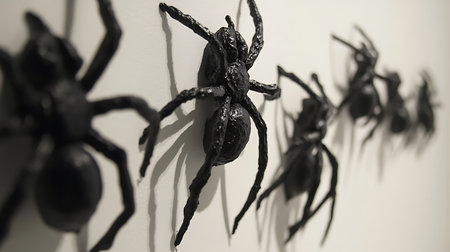 A row of black spider sculptures mounted on a white wall.