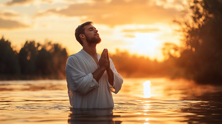 A man in white clothing standing in a lake at sunset, eyes closed and hands clasped in prayer.