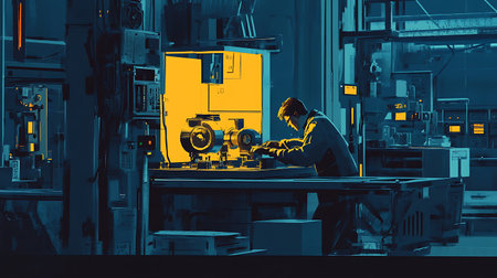 A worker in a factory setting, wearing blue overalls, is focused on operating a large, industrial machine. The machine has a large, circular element that is lit up with a warm yellow glow, suggesting it is in operation. The factory is dark, with a blue anのeditorial素材