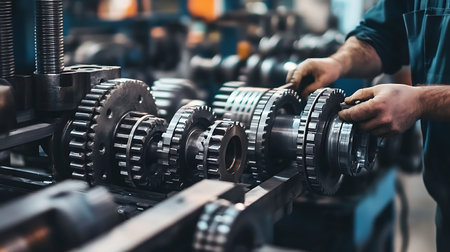 A worker's hands are shown adjusting the gears of a large industrial machine.