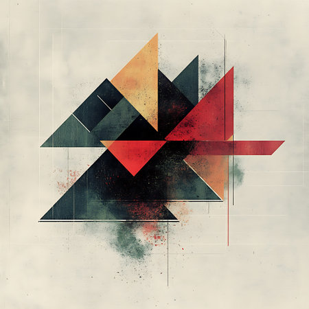 Abstract geometric art with red, green and yellow triangle shapes on a textured white background.