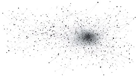 A complex network of interconnected dots and lines, forming a dense cluster in the center, radiating...