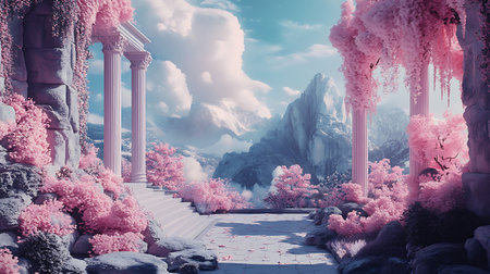 A majestic, dreamy scene unfolds with an ancient stone archway leading towards a breathtaking mountain range. Pink blossoms cascade like waterfalls, painting the landscape in soft, ethereal hues.の写真素材